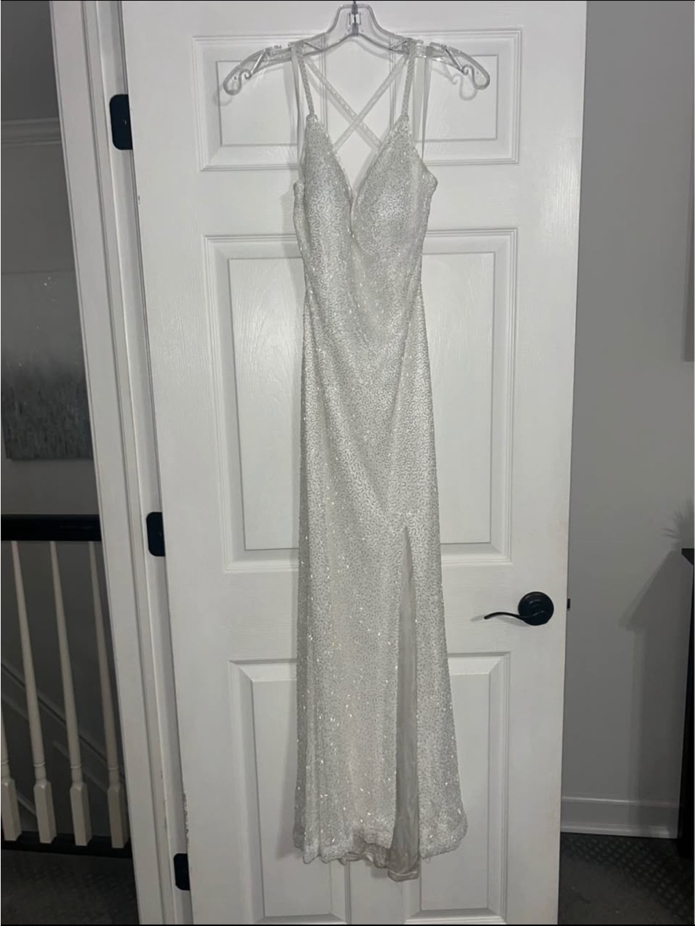 Primavera Couture Sparkling White Prom Gown with Crisscross Straps